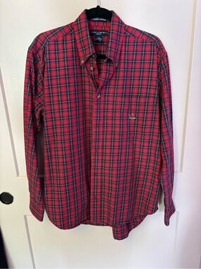 Red & navy blue plaid button-down long sleeve 100% cotton tailgate cabincore